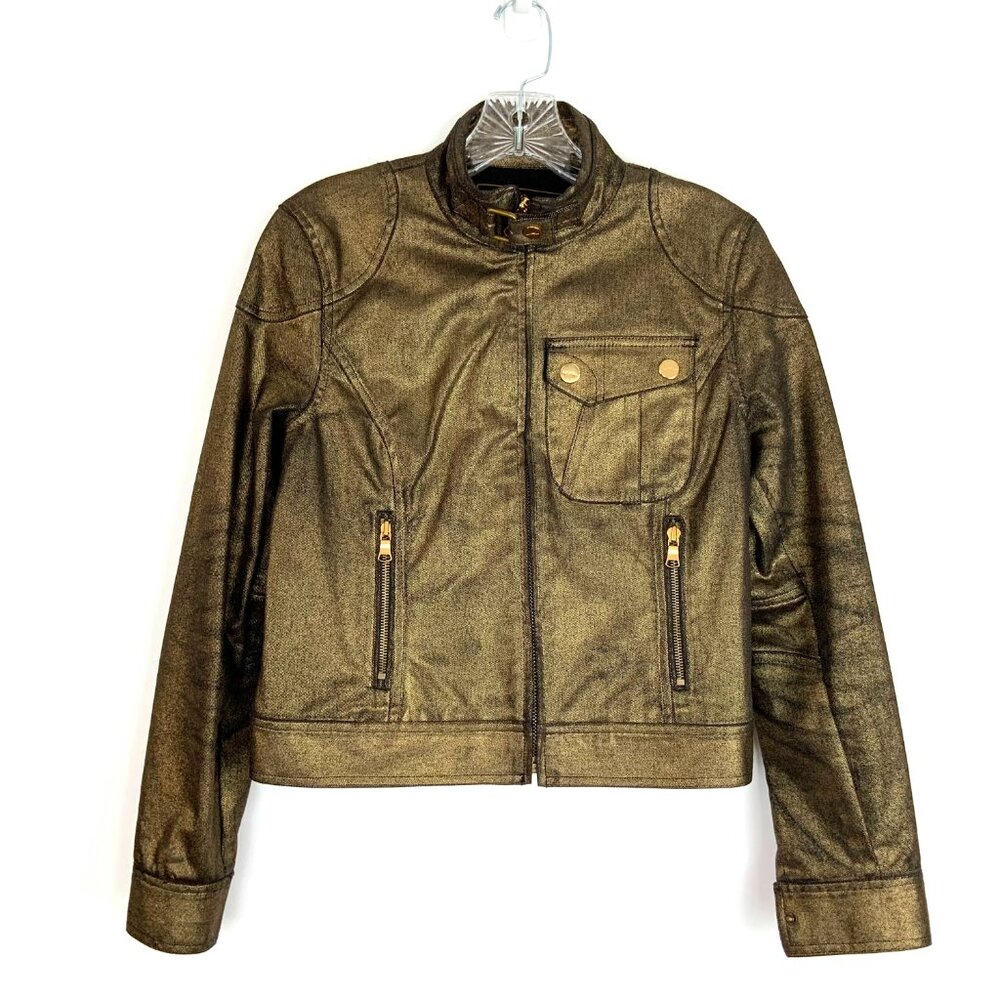 Lauren Ralph Lauren Black Denim Metallic Gold Motocycle Jacket Sz S